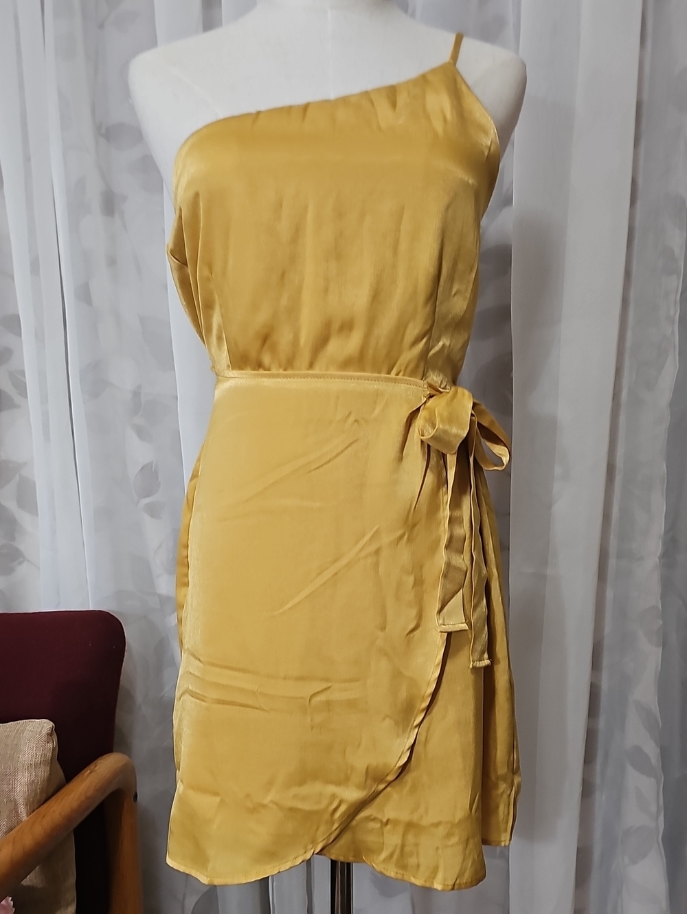 Peach Love California One-Shoulder Yellow Wrap Dress